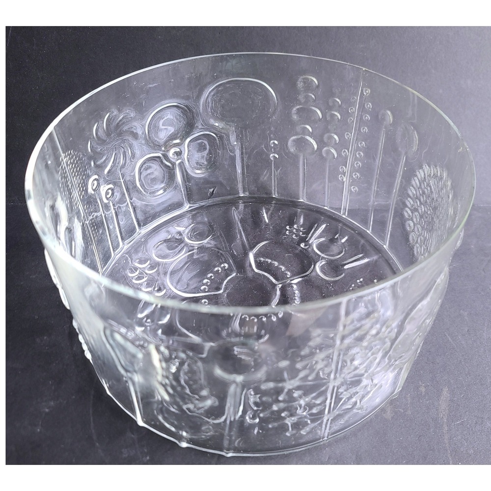 Vintage MCM Iittala Nuutajarvia Finland Flora Clear Glass Bowl Embossed 9.5"